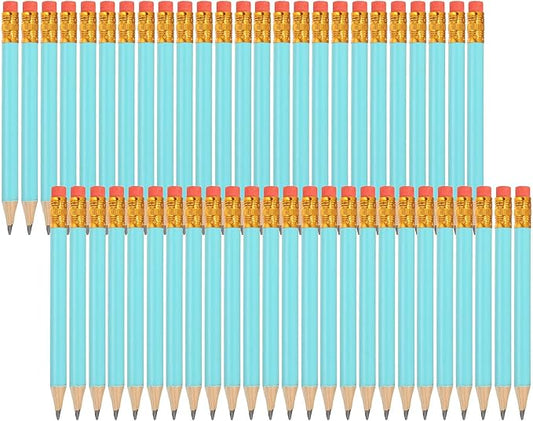 MECCANIXITY Golf Pencils with Erasers, 4" HB Mini Half Pencils Pre Sharpened Small Pens for Wedding Bridal Shower Game Office Writing Drawing(Blue, Pack of 50)