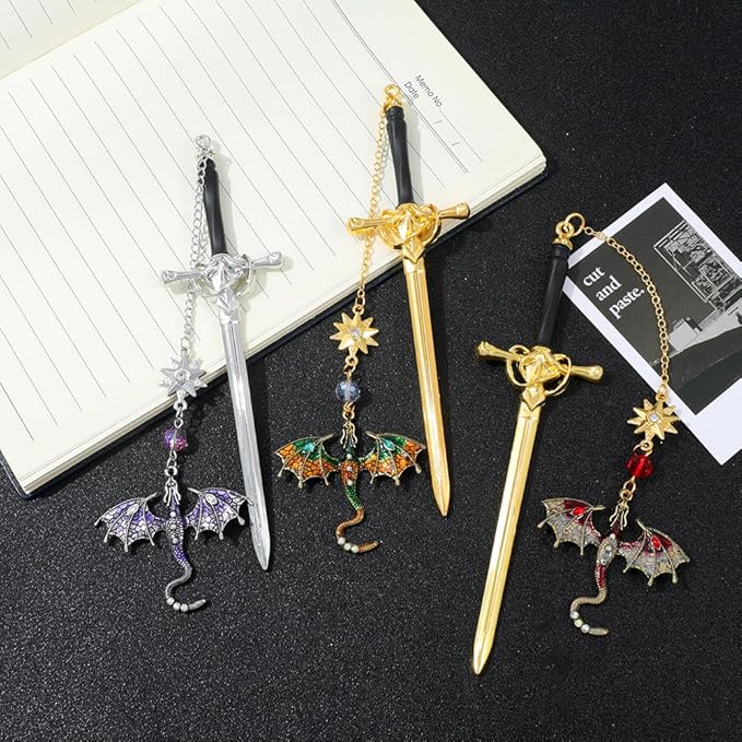 Fantasy Dragon Leather Corner Bookmark, Elegant Metal Dragon Charms Leather Page Saver, Chic Book Accessory for Bookworms, Great Gift for Dragon & Book Lovers (Dragon Sword B)