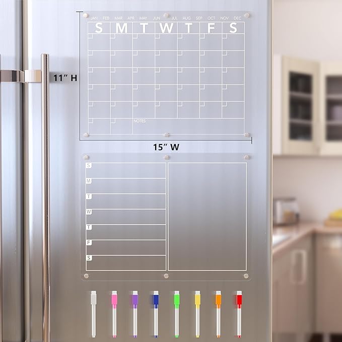 Acrylic Magnetic Dry Erase Board Calendar for Fridge, Clear Monthly and Weekly Meal Planner Whiteboard Refrigerator, Menu Board for Kitchen, w/ 8 Colors Markers, 15"x11"