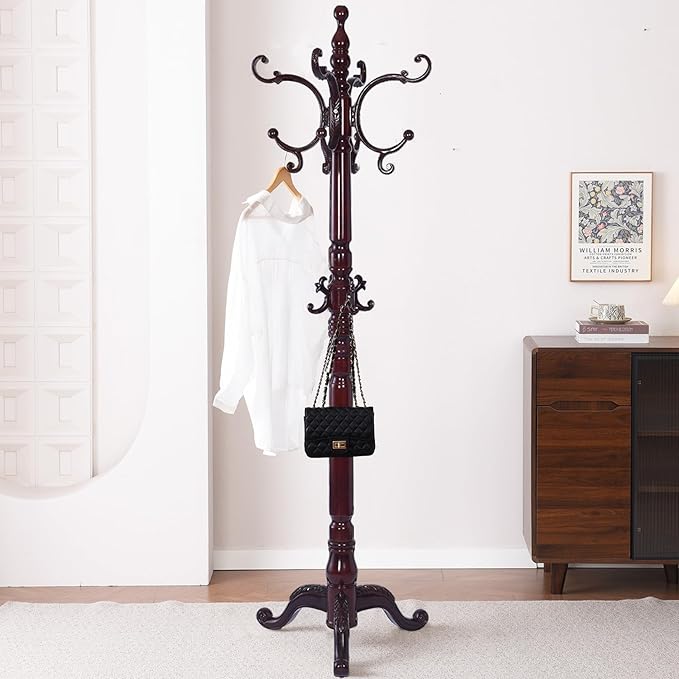 Wooden Coat Racks, Retro 78" Coat Tree with 14 Hooks & Stable Triangular Base, Entryway Coat Rack Freestanding for Hat, Clothes, Scarves, Handbags, Umbrella (Mahogany)
