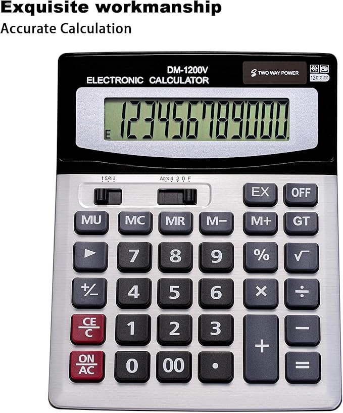12 Digit Desktop Calculator with Large LCD Display and Sensitive Button, Dual Solar Power and Battery, Standard Function for Office (YE1200v)