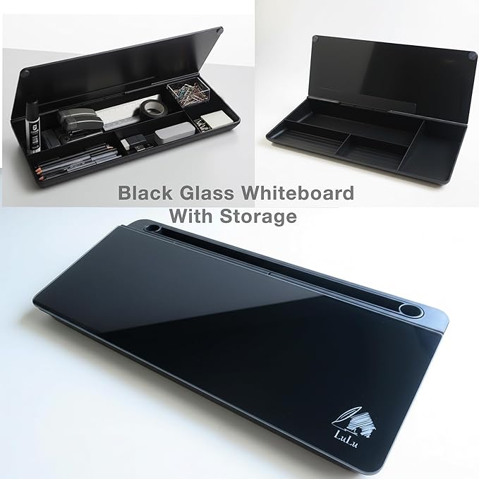 Black Glass Desktop Whiteboard – Modern Dry Erase Board with Storage Drawer for Desk Notes & Organization