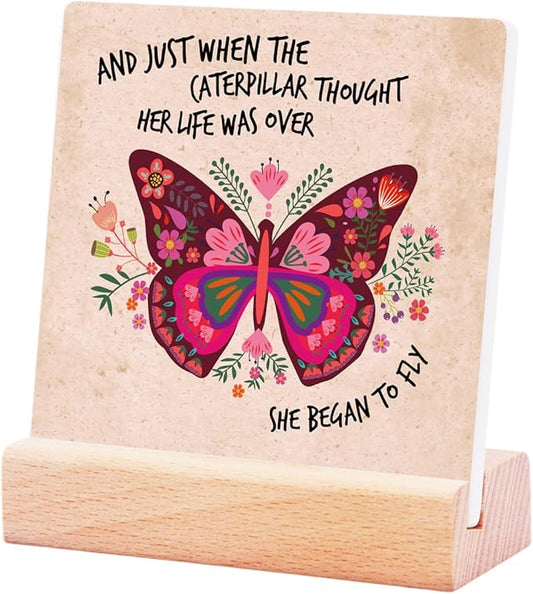 Inspirational Butterfly Gifts for Teen Girls Women Birthday Christmas-Encouragement Gift Cheer Up Gifts for Friends-Motivational Sign Ceramic Plaque-She Began To Fly Sign
