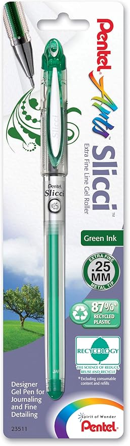 Pentel Arts Slicci 0.25 mm Extra Fine Gel Pen, Green Ink, 1 Pack (BG202BPD)
