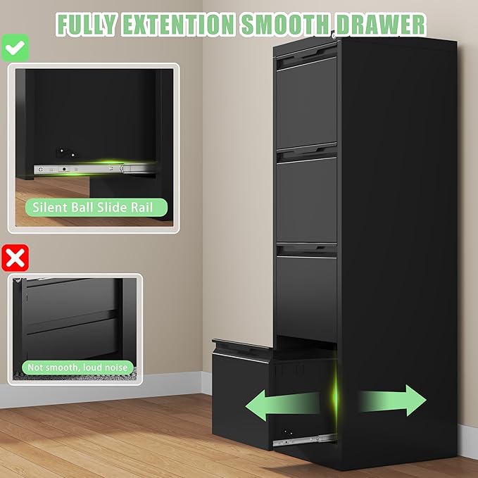 4-Drawer File Cabinet with Lock,Metal Vertical Filing Cabinets for Home Office,Under Desk File Cabinets for Letter/Legal/A4 Size Files,Easy Assemble,Black