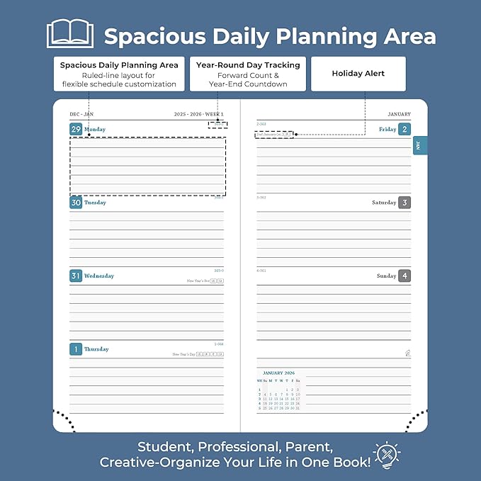 Weekly Monthly 2026 Planner (Jan.26-Dec.26),6.5"x3.75",12 Months Agenda Plan with Month Tabs & Pocket,Expenses/Note Pages, Appointment Book Calendar with Hardcover Vegan Leather Cover,Blue