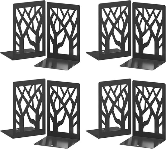 VFINE Metal Bookends, 8 Pieces Tree Design Bookends for Shelves, Black Book Ends for Desk, Bookshelf Bookends Decoration Stylish Metal Book Ends for Home Office