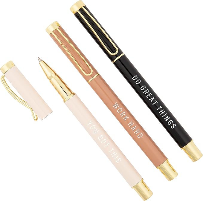 Sweet Water Decor Motivational Metal Pen Set - Set of Three Refillable Medium Ballpoint Pens with Black Ink - Motivational and Inspirational Office and Desk Accessories for Women