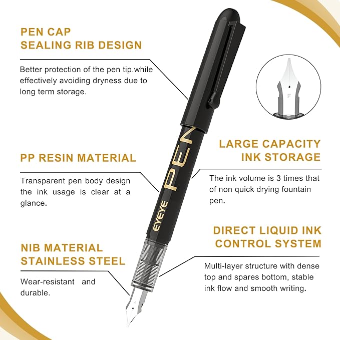 EYEYE Disposable Fountain Pens, 8 Pack Black Fine Point Pens for Writing, Stainless Steel Nib, Smooth Writing for Journaling, Drafting, Sketching, Doodling & Office Supplies