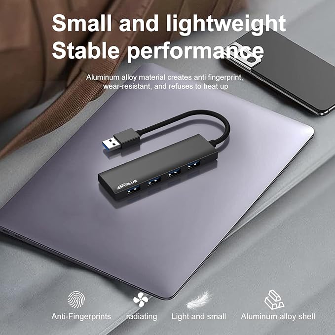 USB Hub, USB 3.0 Hub Aluminum Alloy Ultra Slim USB Splitter, Portable 4 Port USB Extender, USB Hub for Laptop, PC, MacBook, iMac, Surface Pro, Mac Pro, Flash Drive, XPS 【Black】