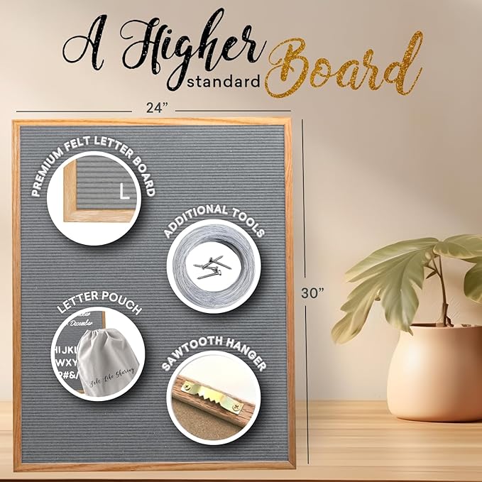 Felt Like Sharing Large Letter Board (Gray Felt - 24”x30”) – Changeable Message Board with 3 Sets of Felt Board Letters – Statement Wall Sign for Quotes, Home or Holiday Decor In Oak Frame