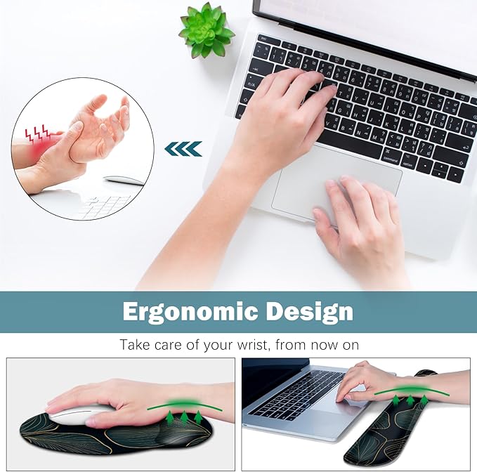 ARTSO Desk Mat Set, Large Gaming Mouse Pad Wrist Support, Keyboard Wrist Rest Ergonomic Desk Pad with Coaster Combo, Extended Mousepad with Non-Slip, Art Tropical Leaves