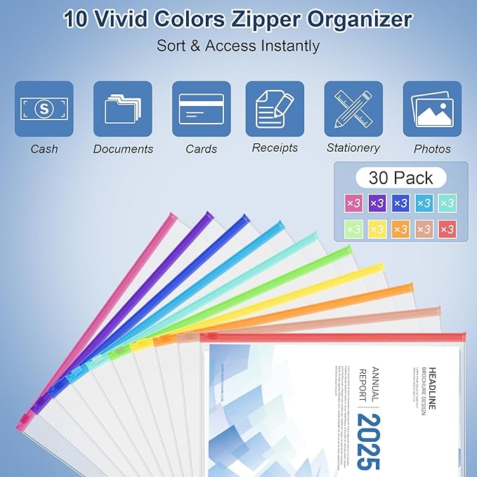 Antner 30PCS Letter Size Binder Pockets for 3 Ring Binder, 10 Assorted Colors Zipper Pouches Waterproof PVC Document Organizer File Folders 3-Hole Loose Leaf Insert Bags Page Sleeves Sheet Protectors