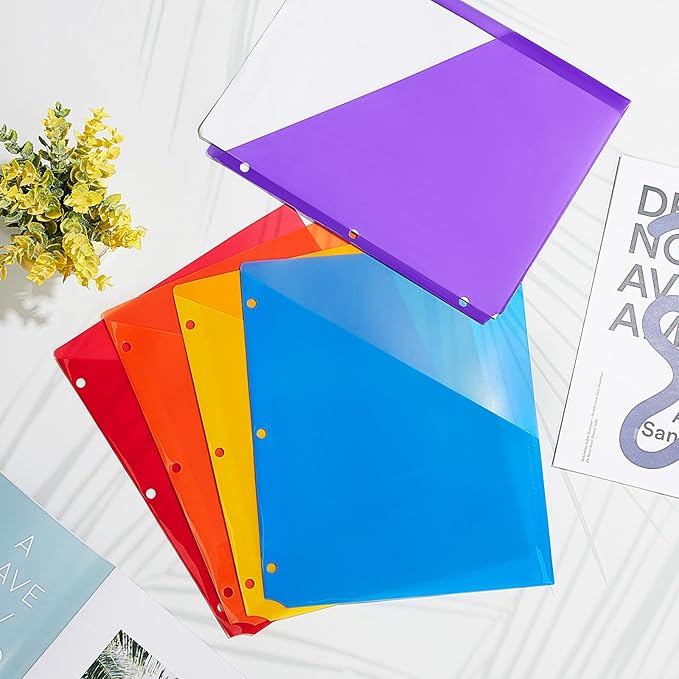 Maitys 50 Pack Binder Pockets 3 Hole Punch Clear Plastic Document Folders Binder Organizer Store Letter Size 8.5x11 Inch Paper Folders with Pockets Slash File Jacket for Office (Multicolor)