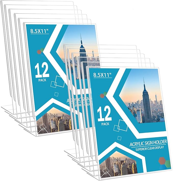 12 Pack Acrylic Sign Holder 8.5 x 11 Slant Back Acrylic Stands for Display Plexiglass Clear Acrylic Display Stands for Ad Frame, Picture Photo Frames, Promotions, Restaurants, Office, Store