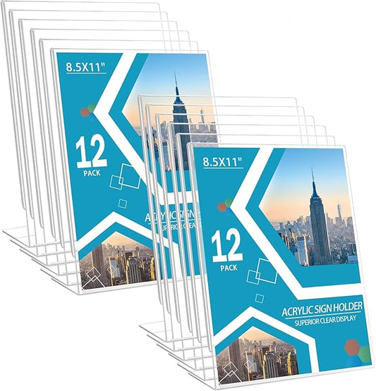 12 Pack Acrylic Sign Holder 8.5 x 11 Slant Back Acrylic Stands for Display Plexiglass Clear Acrylic Display Stands for Ad Frame, Picture Photo Frames, Promotions, Restaurants, Office, Store