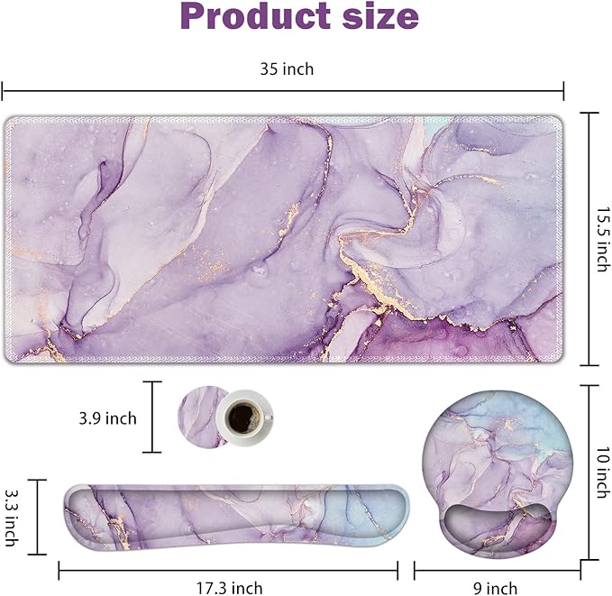 ARTSO Large Mouse Pad Ergonomic Keyboard Wrist Rest Support Set, Memory Foam Gel Wrist Pad, Extended Desk Mat Protector, Non-Slip Desk Blotter, Purple Blue Marble