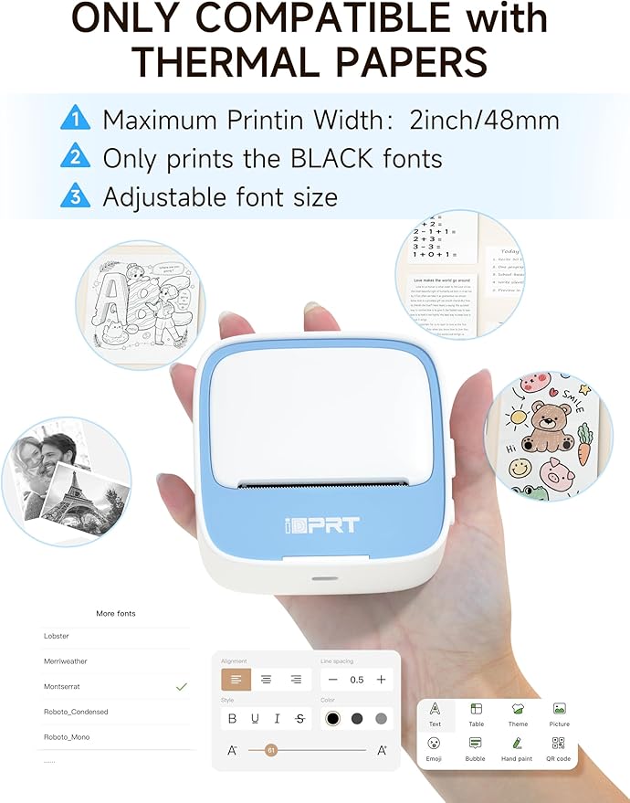 iDPRT Portable Sticker Maker Machine with 1 Roll Sticker Paper, Mini Printer Efficiently and Quickly, Thermal Printer for Study Notes, Pictures, DIY, Label, Free App with Multiple Templates,Blue
