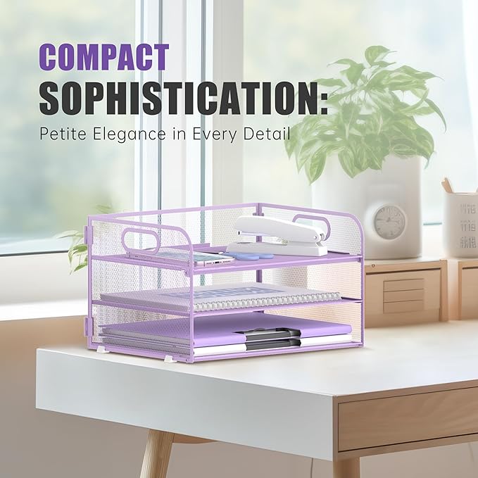 Daltack 3-Tier Paper Organizer with Handle, Mesh Desk Organizer Letter Tray, Purple
