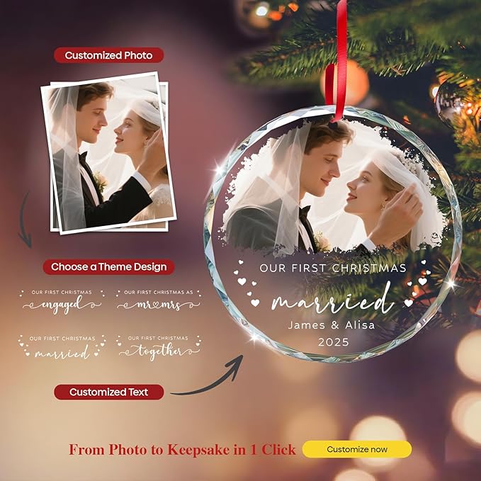 Personalized Our First Christmas Ornaments 2025 with Photo, Custom First Christmas Married Ornament, 1st Xmas Ornament for Together, Engaged, As Mr Mrs, Personalized Xmas Gifts Couple (3.15”)