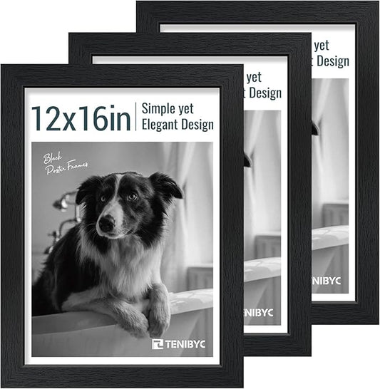 12x16 Picture Frame 3 pk - Textured Black Wood, HD Tempered Glass, Wall Gallery Picture Photo Frame