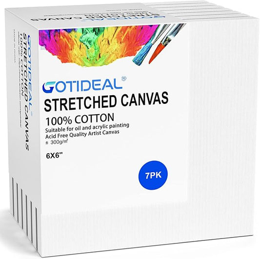 GOTIDEAL Stretched Canvases for Painting, 6x6" Inch Set of 7, Primed White - 100% Cotton Blank Art Square Canvas Boards for Painting for Acrylic Pouring, Oil Paint Dry & Wet Art Media