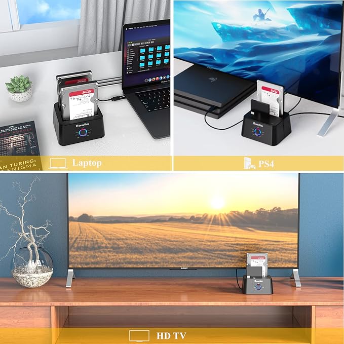 WAVLINK USB 3.0 and USB C to SATA Dual-Bay External Hard Drive Docking Station for 2.5/3.5 Inch HDD/SSD with UASP (6Gbps), Support Offline Clone/Duplicator Function [16TB X2 ]-Black