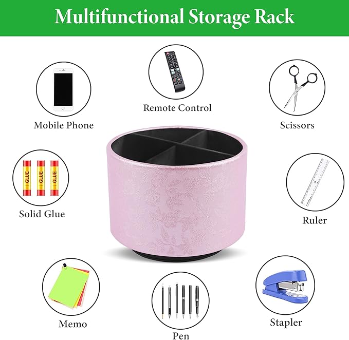 lizimandu Round Leather Art Supply Organizer,Remote Control Holder,360 Degree Spinning,Multi-Functional Pencil Holder,4 Compartments Desktop Stationary Organizer(1-Liuli Pink)