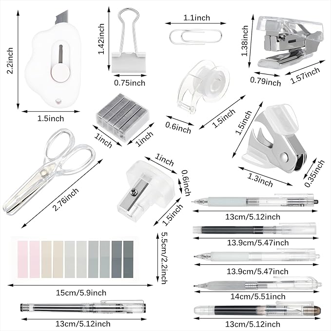 Colarr Mini Office Supply Kit Includes Stapler Tape Dispenser Staple Remover Paper Clips Scissor Staples Pen Sharpener Note Small Telescopic Knife for Office and School Clerk Student (Clear)