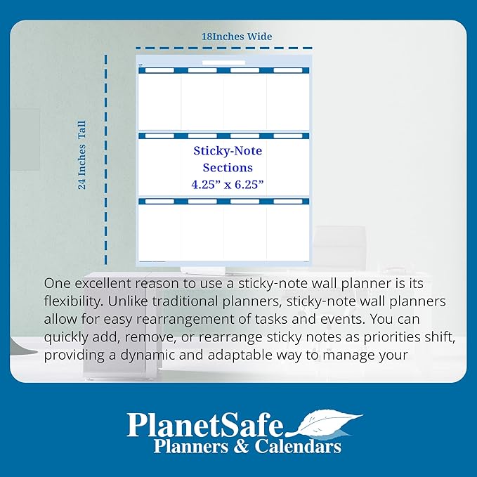 Sky Blue 12 Section Task, Objective and Goals Planning System Vertical 24" Tall x 18" Wide. Wall Tray, Dry-Erase Marker, Eraser and 600 Sticky-Notes