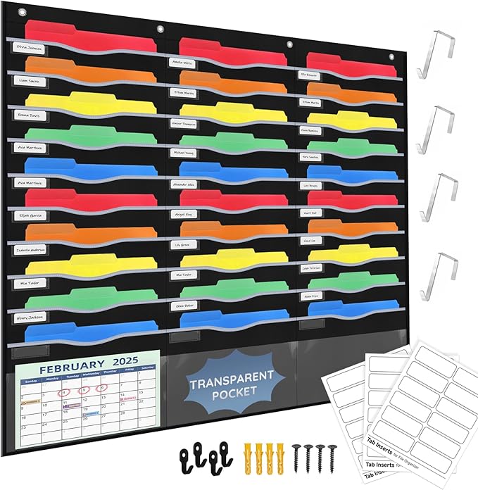 33 Pockets Hanging Wall File Organizer, Sturdy Legal/Letter Size Manila File Folders Organizer, Classroom Pocket Chart with 3 Writable Clear Pockets, 8 Wall/Door Hooks & 36 Labels (Black)