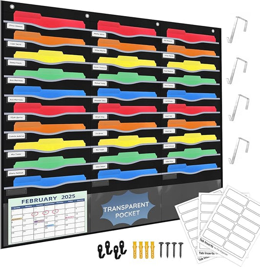 33 Pockets Hanging Wall File Organizer, Sturdy Legal/Letter Size Manila File Folders Organizer, Classroom Pocket Chart with 3 Writable Clear Pockets, 8 Wall/Door Hooks & 36 Labels (Black)