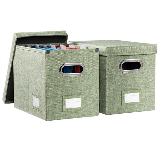 PRANDOM File Organizer Box - Set of 2 Collapsible Decorative Linen Filing Storage Hanging File Folders with Lids Office Cabinet Letter Size Green (14x9.3x10.8 inch)