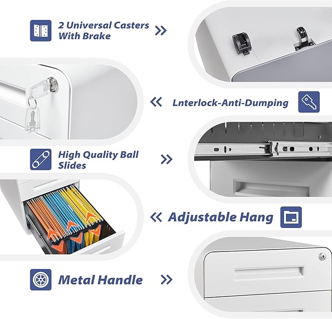 Rolling File Cabinet with Lock, 3 Drawer Metal Mobile Filing Cabinet Office Under Desk for Legal/Letter Size, Fully Assembled Except Casters