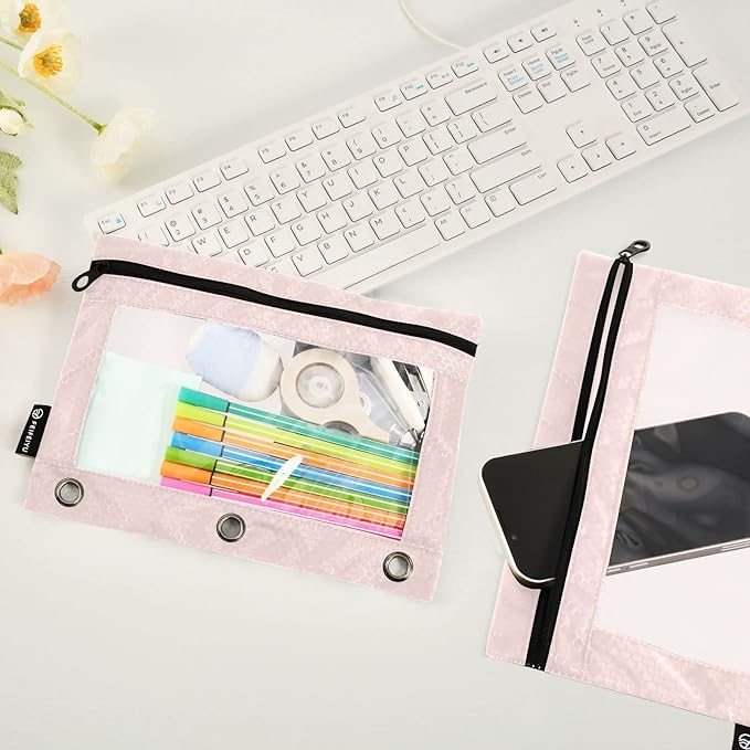 Gredecor Binder Pencil Pouch 3 Ring Misty Rose Pink Zipper Pencil Pouches Case 2 Pack Clear Binder Organizer for School Office