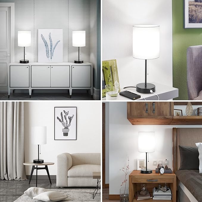 Table Lamps Set of 2 with USB Charging Ports, White Bedside Lamps with AC Outlet, Nightstand Lamps with Pull Chain Switch, Minimalist Modern Desk Lamps with Fabric Shade for Living Room Bedroom Office