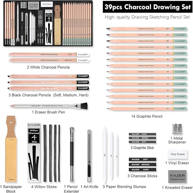 39pcs Drawing Pencil Set, Professional Sketch Pencils (5H-14B), Black and White Charcoal Pencils for Sketching, Eraser Brush Pen, Charcoal Sticks, Art Pencils Set for Artists & Beginners