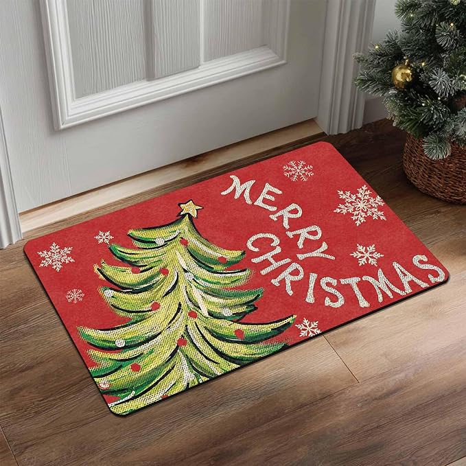 InterestPrint Christmas Doormat Outdoor Entrance Non-Slip Rug Front Porch Rugs, Christmas Tree Snowflakes Welcome Mat Front Door Rug Outdoor Funny Door Mat, 18" x 30"Inch