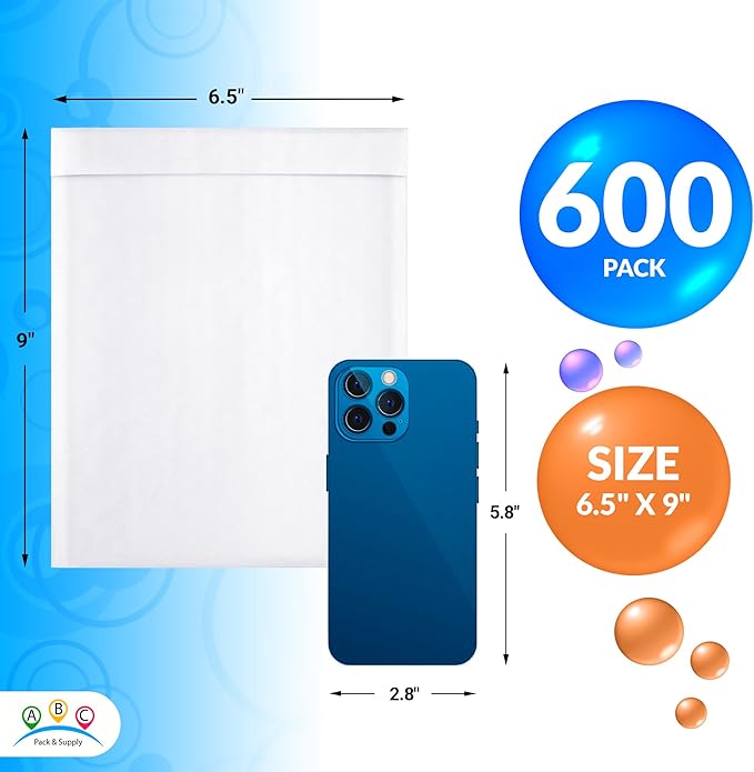 ABC PACK & SUPPLY White Kraft Bubble Mailer Envelopes, 6.5 x 9 Inches. 600 Pack Mail Padded Envelopes Self Seal. Kraft Bubble Mailers. Tear-Resistant Mailing Envelope Padded. Sturdy Paper Mailer
