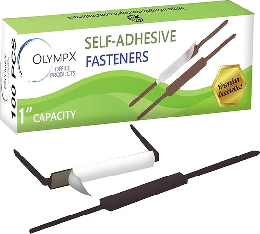OLYMPX 100 Pcs of 1” Capacity Premium Self Adhesive Prong Paper Fastener Bases, 2.75 Inch Center for Paper File Clip Folder Accessories, 100 per Box