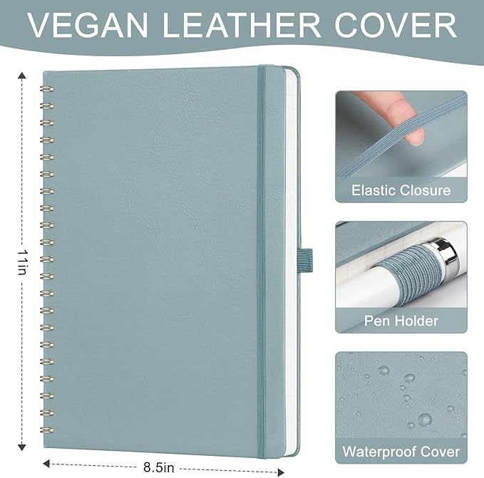 AHGXG Lined Spiral Notebook 8.5" x 11", A4 Large Notebooks for Women Men, Hardcover Leather Notebook College Ruled, 100 GSM Thick Paper, Notebooks for Work School Note Taking Writing, GrayBlue