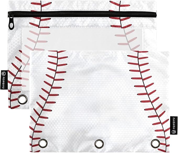 ALAZA Pencil Pouch for 3 Ring Binder, Baseball Themed Red Lace Binder Pencil Pouches with Clear Window Zipper Pencil Case Cosmetic Bags for Office College Supplies, 2PCS