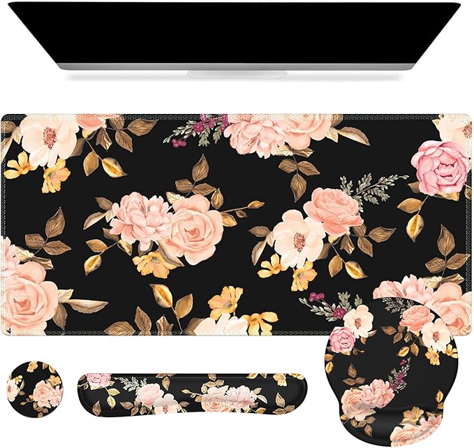 iCasso Desk Mat, Gaming Mouse Pad Wrist Support Set,4in1 XXL Large Mousepad + Keyboard Wrist Rest+Mouse Wrist Rest+Coaster Set with Ergonomic Design for Home Office Table Computer-Penoy