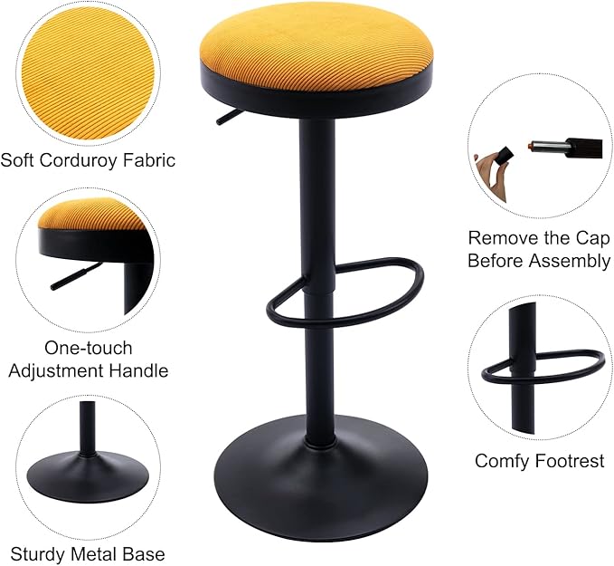 Round Swivel Counter Height Bar Stools Set of 1 Modern Adjustable Barstools Backless Corduroy Bar Chairs Industrial Island Chairs with Metal Base/Footrest for Kitchen Island/Pub, Yellow