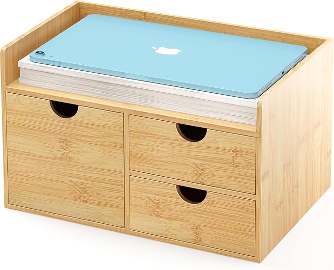 Wisuce Bamboo Desk Drawer Organizer, 3 Drawer Desktop Organizer with Drawers Tabletop Storage Organization Box for Office Home Toiletries Supplies Vanity, No Assembly Required