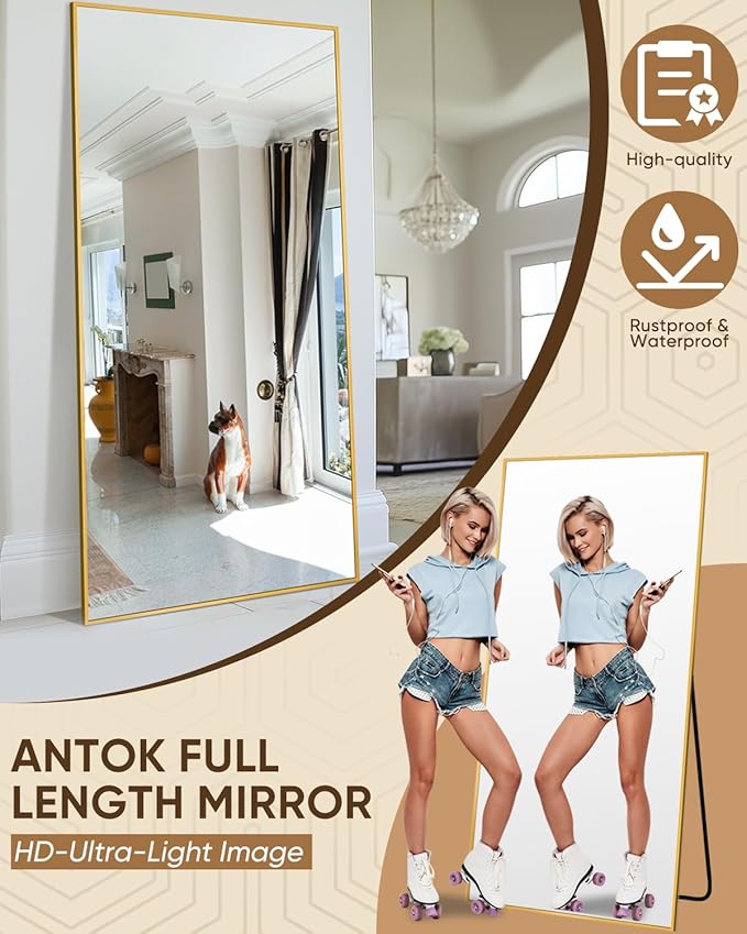 Antok Full Length Mirror, 76"x34" Floor Mirror, Floor Standing Freestanding Full Body Mirror with Stand for Bedroom, Hanging Mounted for Living Room Cloakroom, Gold