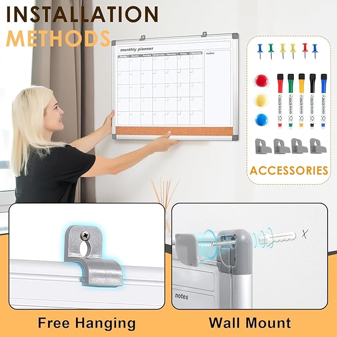 MAKELLO Dry Erase Calendar for Wall 36x24 in, Large Calendar Whiteboard with Cork Board for Office, Home, School, Family, Kitchen and Bedroom, 3' x 2'