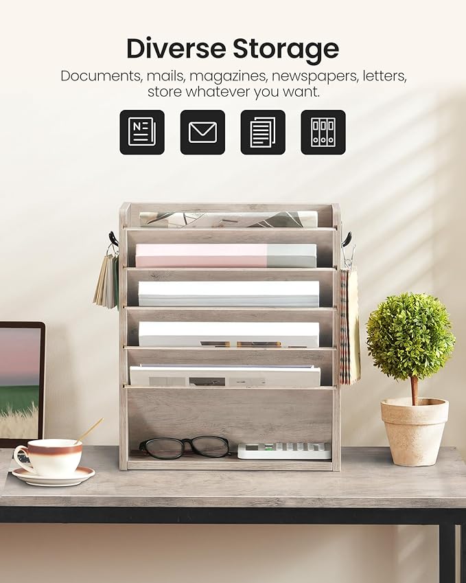 Wall File Organizer, 6-Tier Vertical Mount Hanging Holder with 2 Side Hooks, Modern Wooden Magazine Storage Holder with Bottom Tray, Desk Organizer, for Office, Home, Greige MWJ01FH