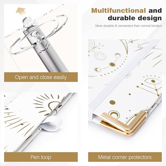 Ospelelf 3 Ring Binder 3 Inch, Cute Binder for Letter Size (11" x 8.5") with 5 Tab Dividers, File Folder Labels and Low Profile Clipboards, Tarot Cards Binder for School Supplies and Office Supplies