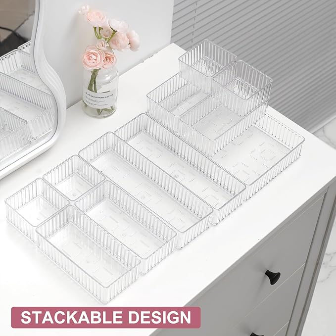 10 Pcs Clear Drawer Organizers, 3 Sizes Stackable Makeup Vanity Drawer Organizer Trays, Dresser Bathroom Desk Drawer Organizers Storage Bins Tray for Jewelry Makeup